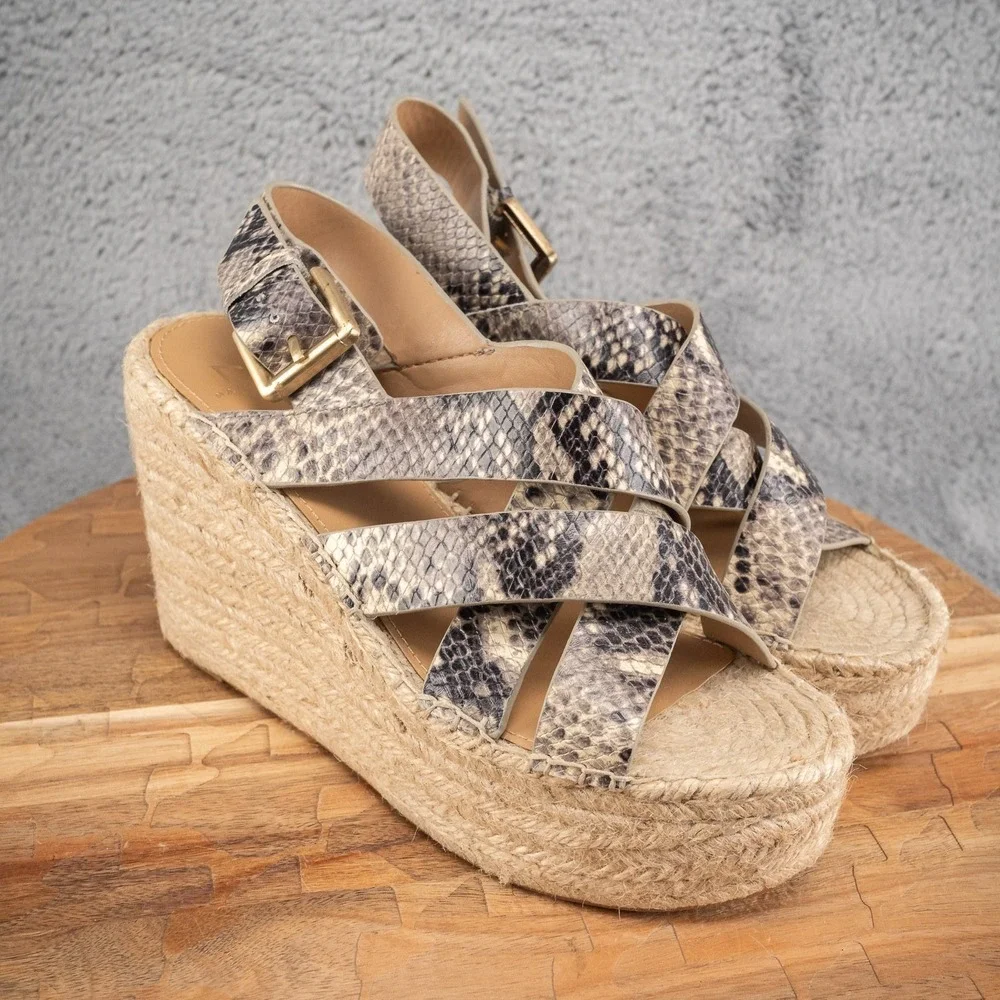 Marc Fisher Size 8 Mlalenni Leather Platform‎ Wedge Snake Print Espadrille